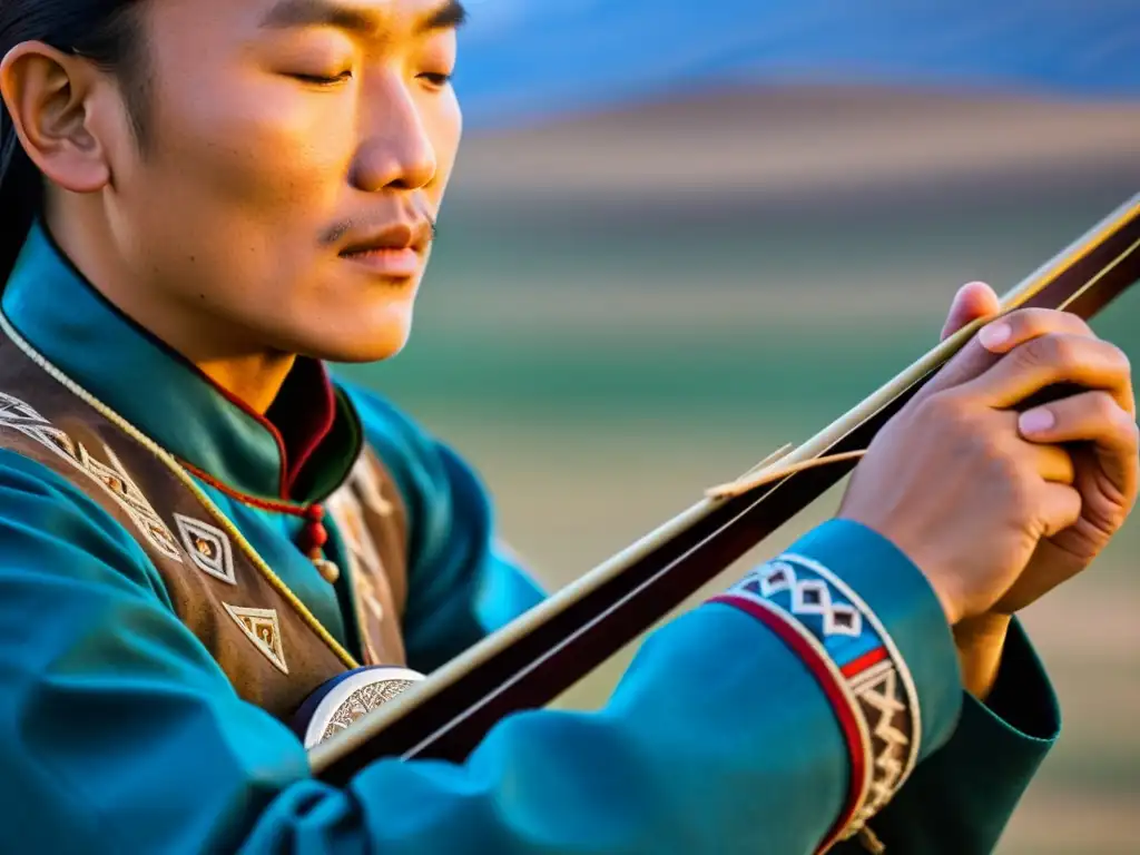 Un músico tuvano experto toca el igil con destreza, destacando la artesanía y la tradición musical del canto de garganta tuvano Igil