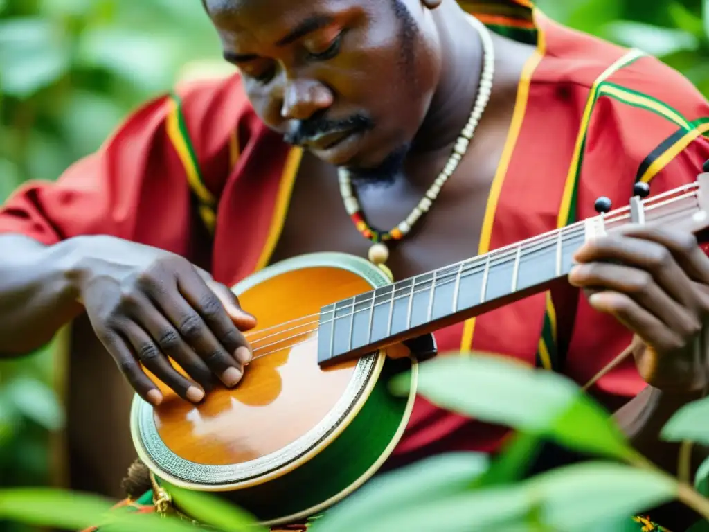 Un músico ugandés viste traje tradicional y toca la lira de Uganda Budongo, destacando su rica artesanía y la belleza cultural de Uganda