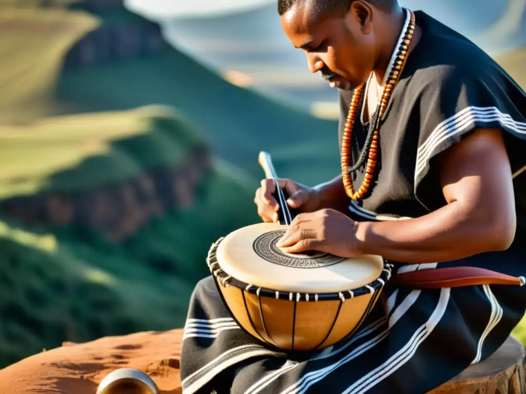 Un músico Xhosa toca el uhadi con destreza, destacando sus detalles tallados y sus manos pluckeando las cuerdas