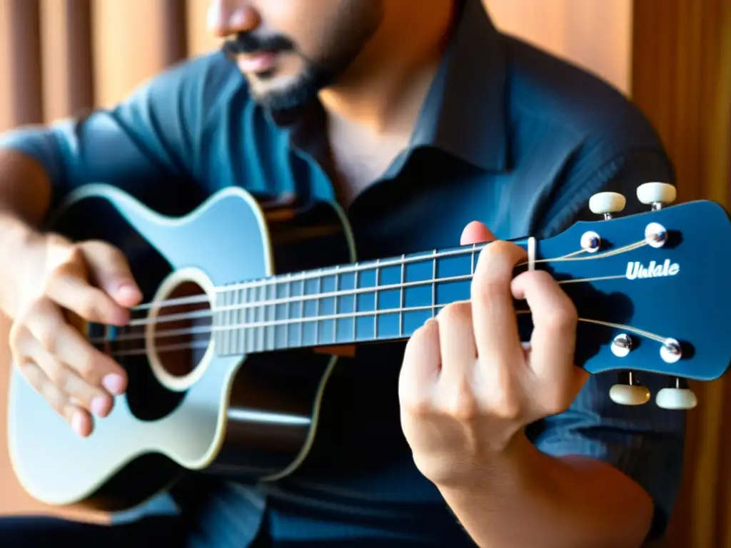 Un músico sostiene un ukelele de fibra de carbono, listo para tocar