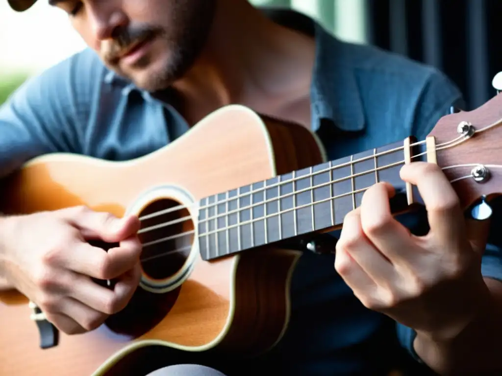 Un músico tocando un ukelele en el género indie pop, con manos detalladas y expresión emocional