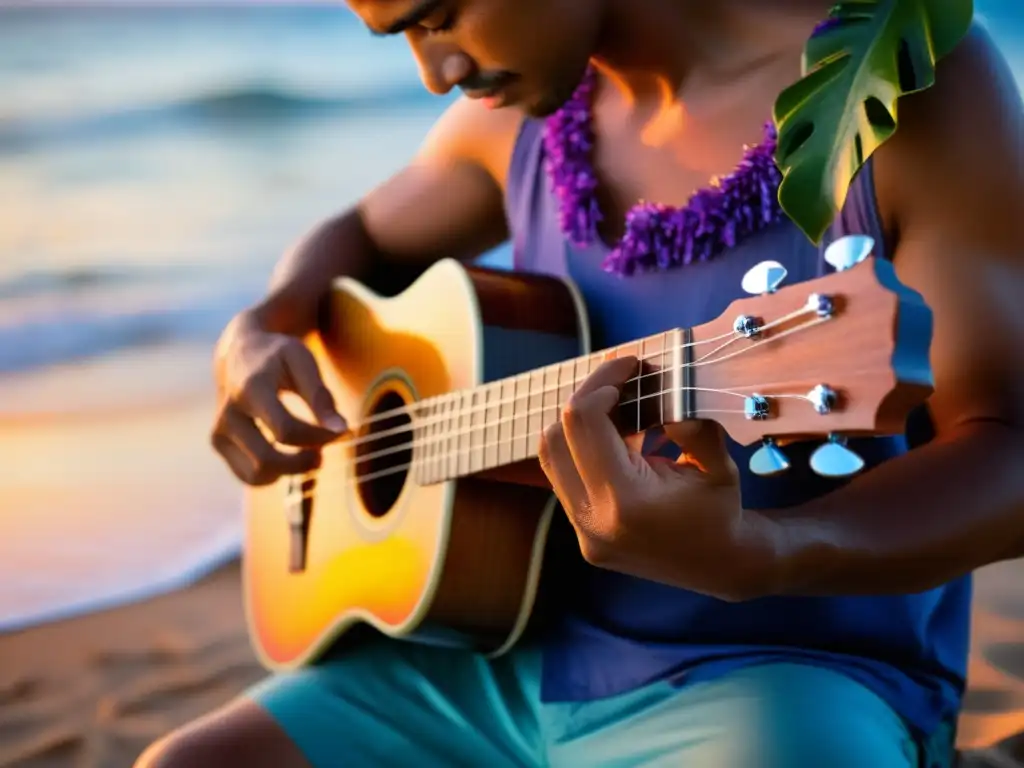 Un músico hábil toca un ukelele hawaiano en la playa al atardecer, mientras las olas rompen suavemente