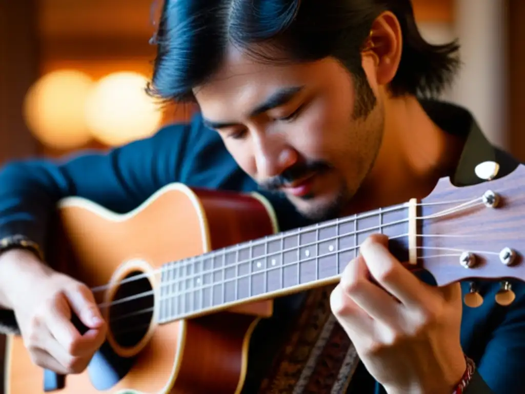 Un músico tocando un ukelele en el Indie Pop, transmitiendo emociones íntimas y autenticidad artística