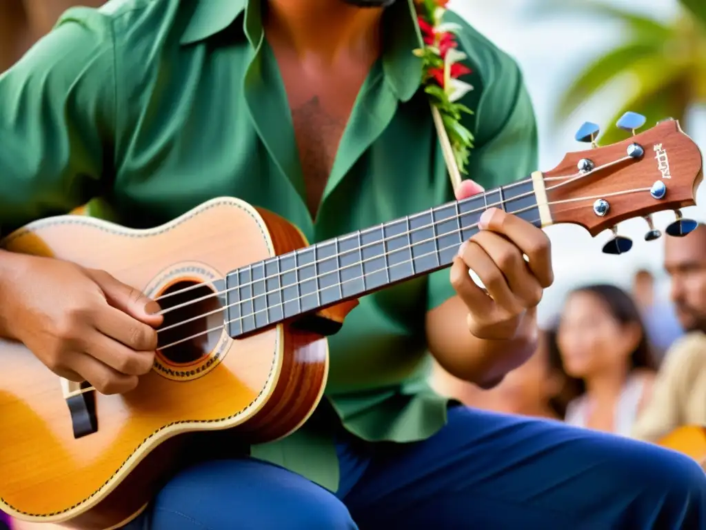 Un músico toca con pasión un ukulele en un vibrante festival, destacando la artesanía y significado cultural del instrumento