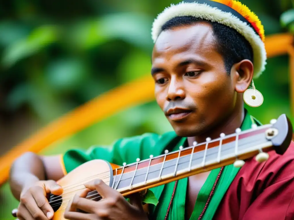 Un músico toca con pasión una Valiha, instrumento tradicional de Madagascar, rodeado de cultura y naturaleza exuberante