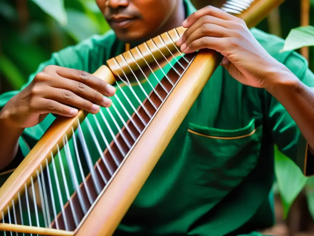 Un músico malgache toca el valiha, un laúd tubular de bambú de Madagascar, con concentración, bajo la cálido atardecer en la exuberante vegetación