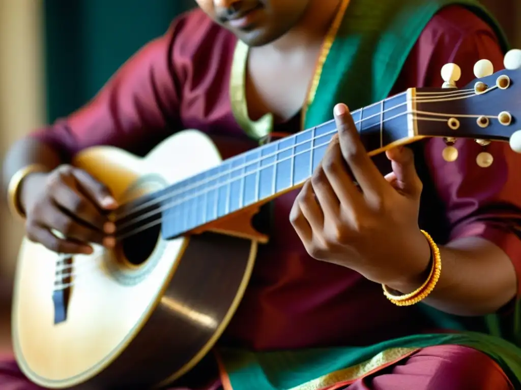 Un músico toca con pasión el vichitra veena, mostrando la artesanía única del instrumento y su importancia en la música clásica india