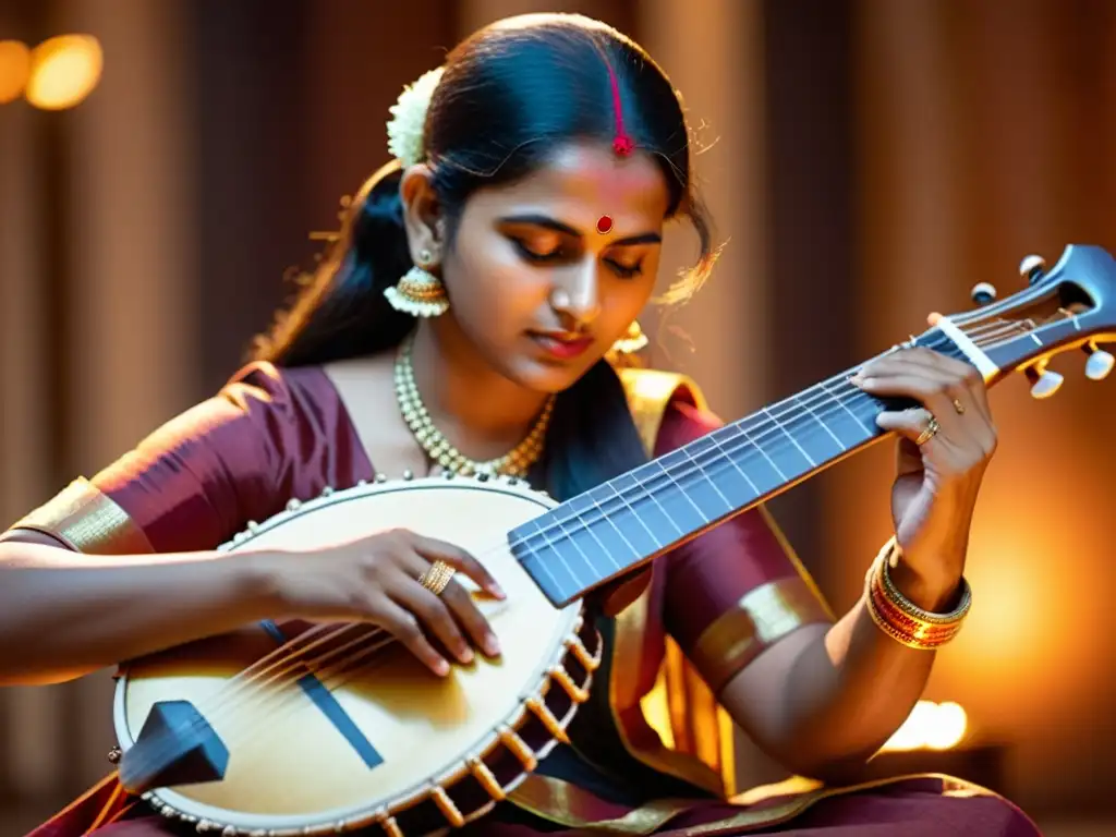 Un músico hábil toca el vichitra veena con concentración intensa, iluminado por cálida luz tradicional