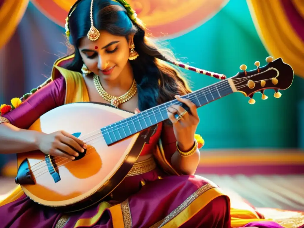 Un músico toca una veena en un vibrante set de Bollywood, fusionando la música espiritual india con la vibrante cultura de Bollywood