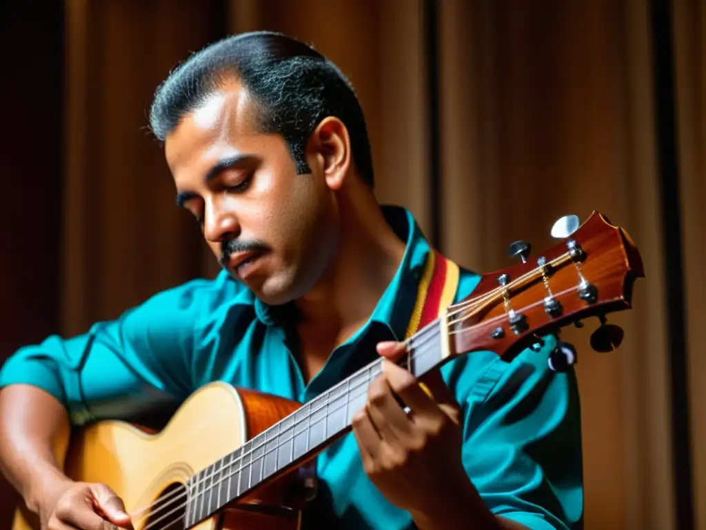 Un músico venezolano toca apasionadamente el cuatro en un estudio íntimo, rodeado de instrumentos tradicionales y una atmósfera nostálgica