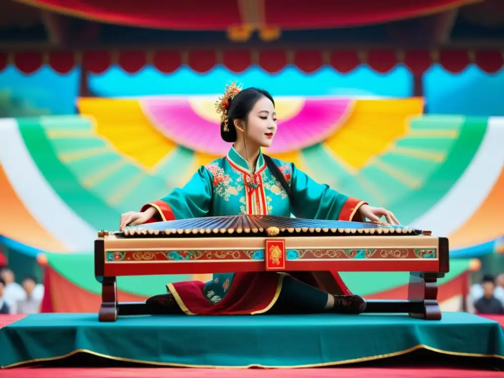 Un músico de guzheng en un vibrante festival de música tradicional China