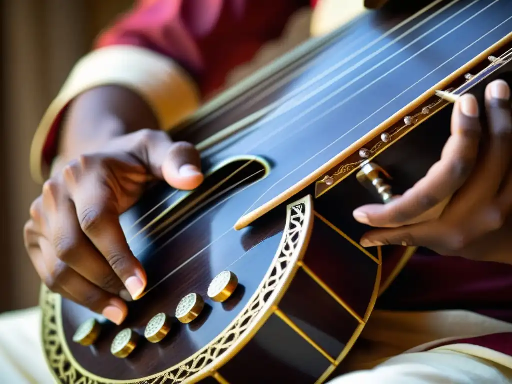 Un músico hábil toca con pasión un vichitra veena, destacando su intrincado diseño y la artesanía tradicional del instrumento