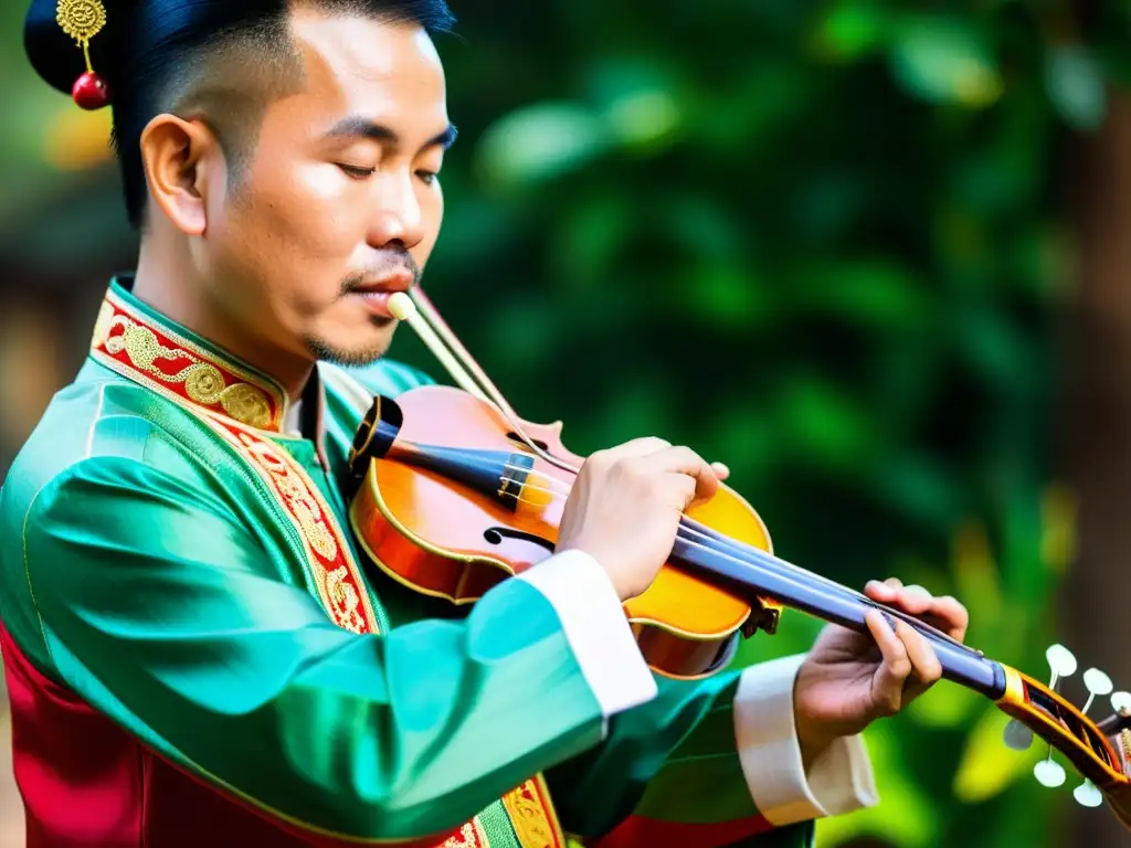 Un músico vietnamita toca el kèn, con detalles de la artesanía del instrumento y expresión concentrada, vistiendo atuendo tradicional