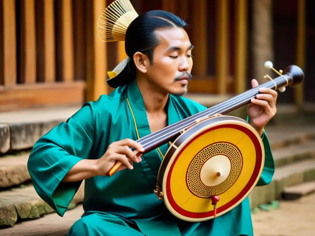 Un músico vietnamita toca el kèn, mostrando la historia y sonido del kèn vietnamita en un entorno culturalmente significativo