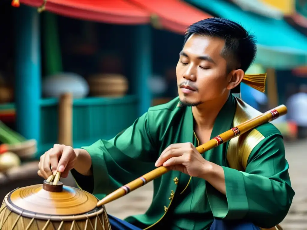 Un músico vietnamita toca el kèn en un mercado bullicioso, destacando la historia y sonido del kèn vietnamita