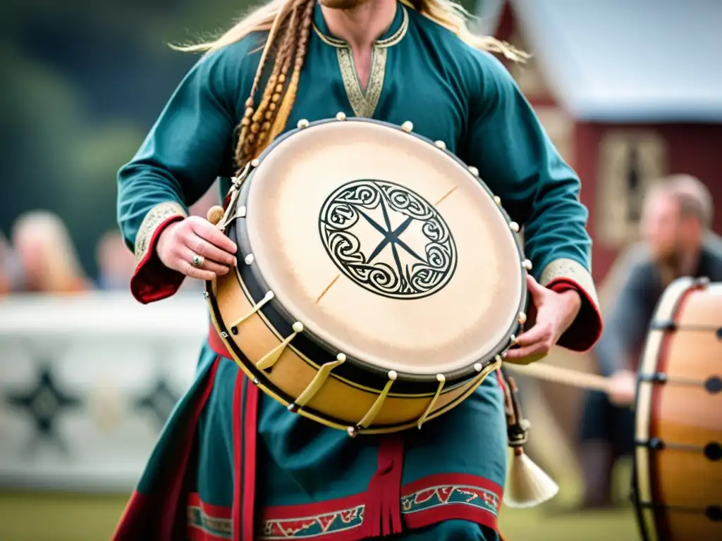 Un músico vikingo toca un bodhran decorado con símbolos nórdicos en una ambientación mística