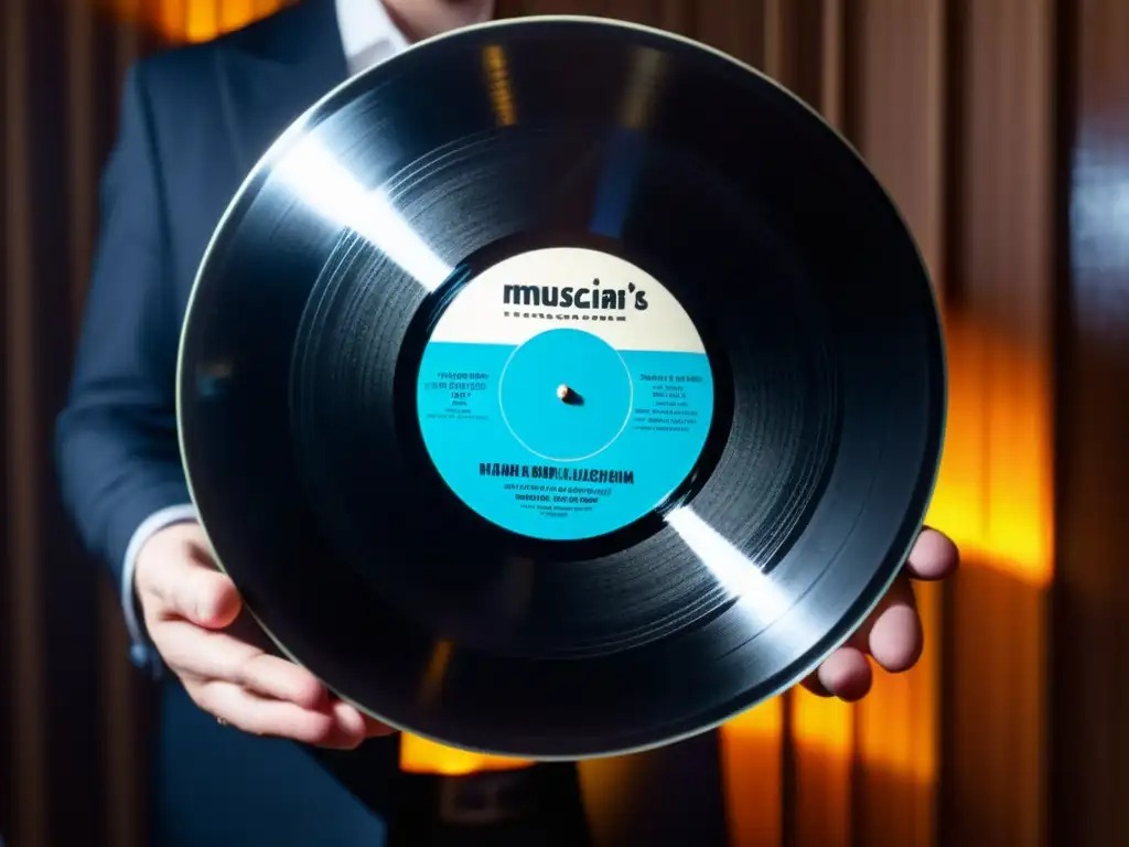 Un músico sostiene un vinilo con misterio, influencia del blockchain en música