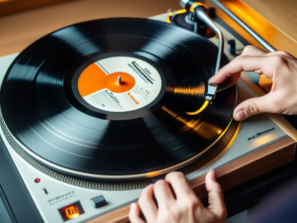 Un músico coloca suavemente un vinilo en un tocadiscos, mostrando la influencia del blockchain en la música