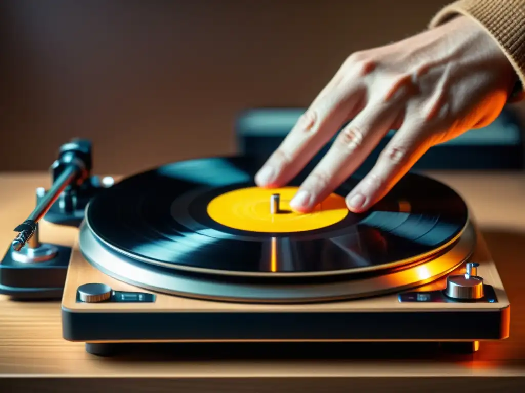 Un músico coloca un vinilo en un tocadiscos, mostrando la textura del disco