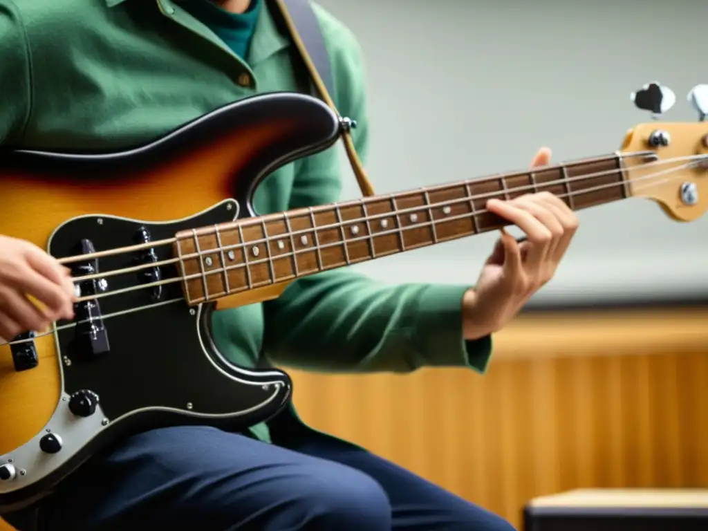 Un músico toca un bajo Fender Precision vintage en un aula llena de estudiantes entusiastas, capturando la historia del bajo eléctrico en aula