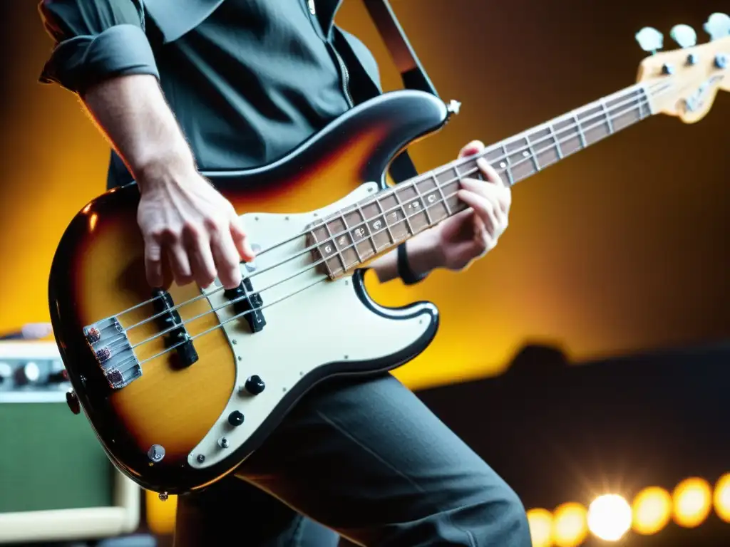 Un músico destaca tocando un bajo Fender Precision vintage en un escenario, con el público de fondo