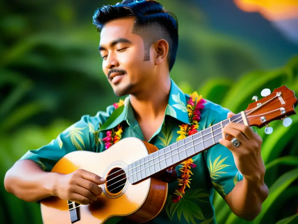 Un músico toca un ukelele vintage en un paisaje hawaiano, resaltando la historia y relevancia cultural del ukelele