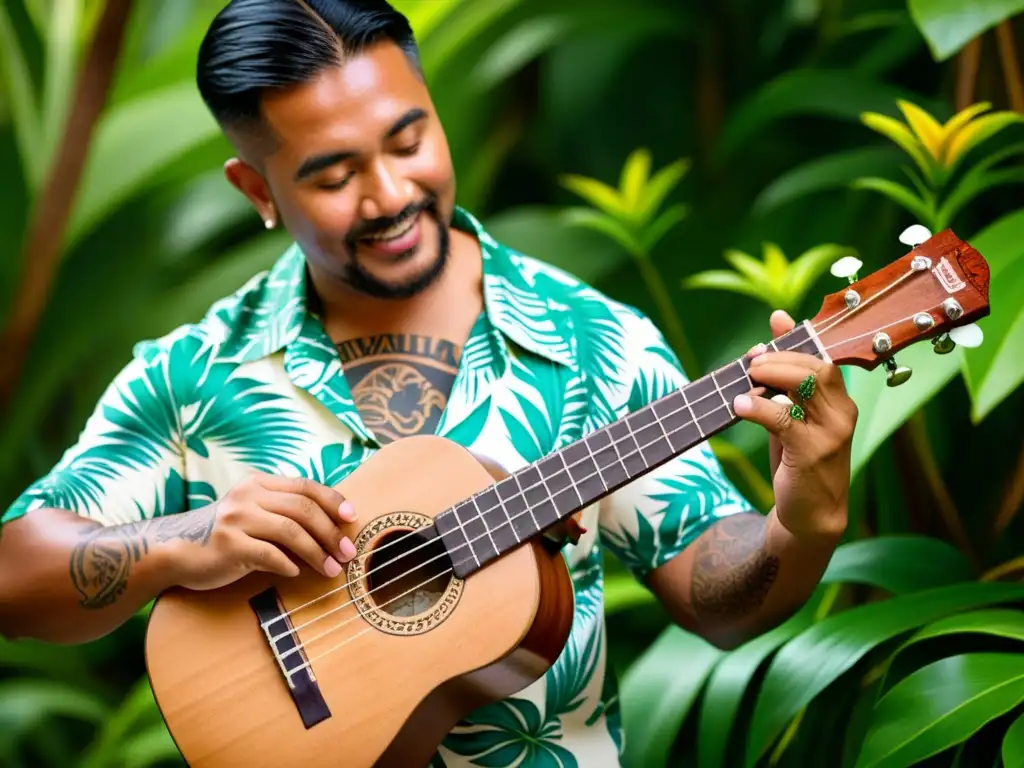 Un músico toca un ukelele vintage con tatuajes en los dedos, evocando la historia y relevancia cultural del ukelele en Hawai