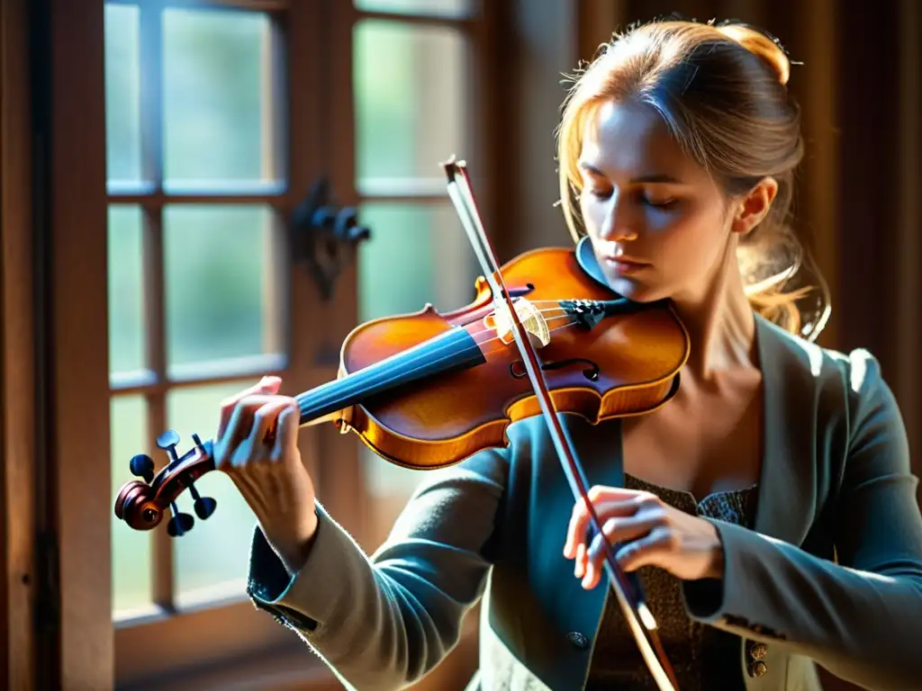 Un músico hábil toca un violín antiguo con autenticidad, iluminado por luz natural