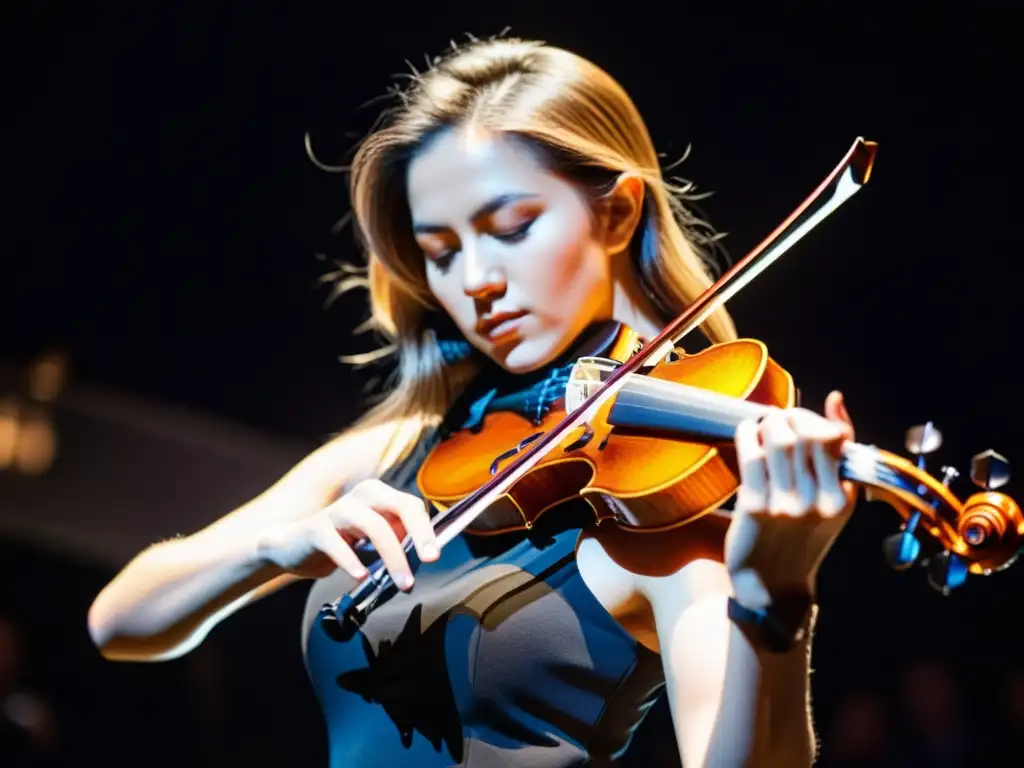 Un músico toca un violín eléctrico en un escenario iluminado, destacando la fusión de tradición y tecnología