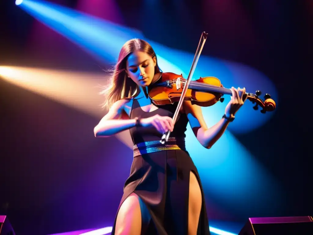 Un músico toca un violín eléctrico en un escenario con luces vibrantes, fusionando tradición e innovación en la música