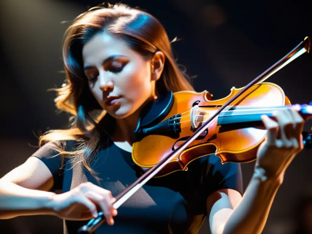 Un músico toca con pasión un violín eléctrico vintage en un íntimo concierto