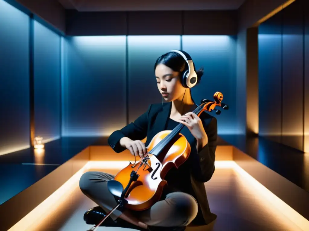 Un músico toca un violín electrónico en una sala futurista, rodeado de prototipos