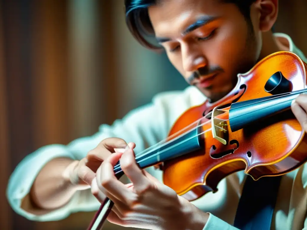 Un músico hábil toca un violín con pasión, resaltando la importancia pedagógica de violines y guitarras en la música clásica