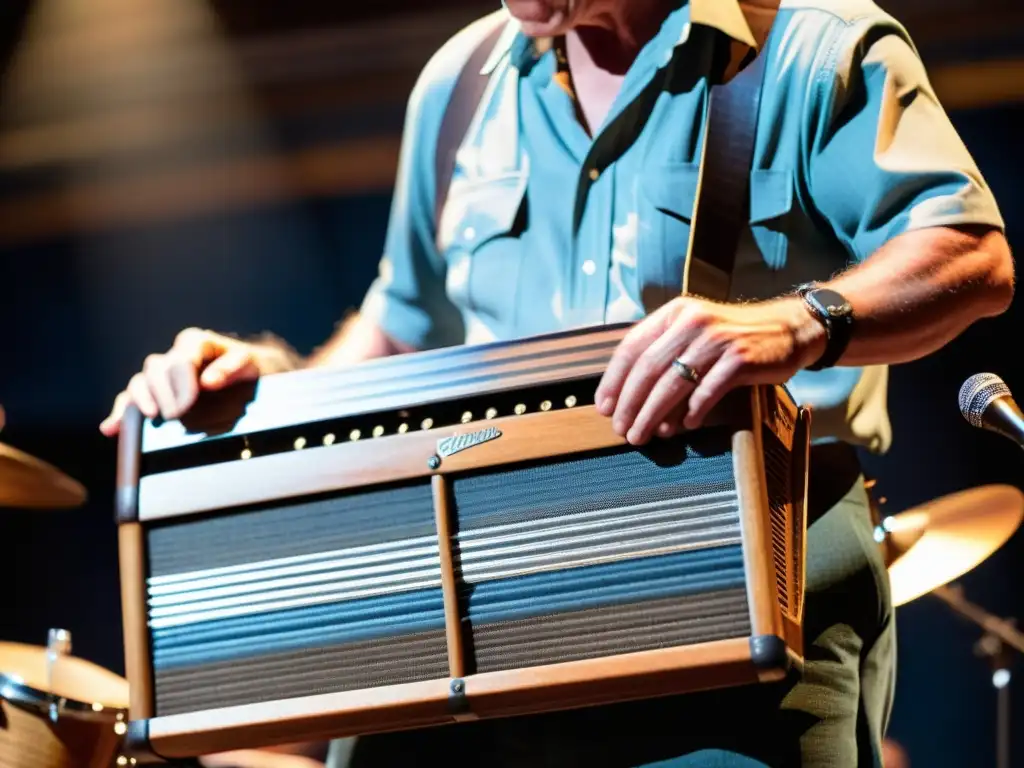 Un músico toca enérgicamente un washboard vintage durante una actuación de blues, creando un vínculo emocional con la rica tradición del género