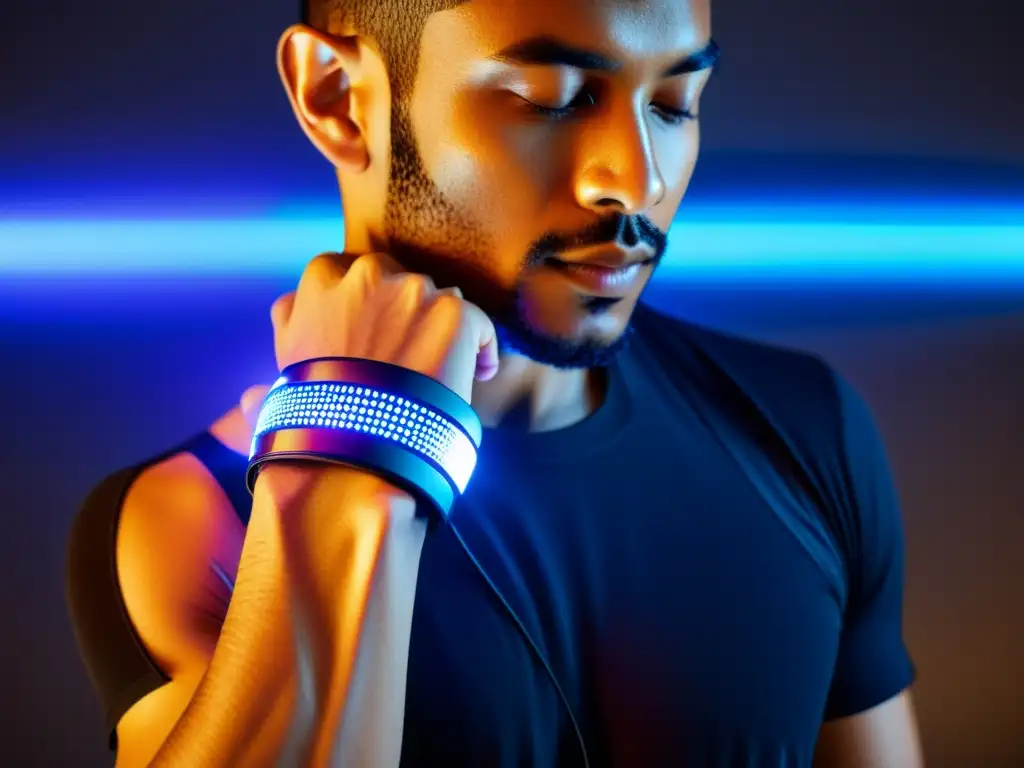 Un músico lleva un wearable musical futurista en el antebrazo, con luces LED pulsantes al ritmo de la música