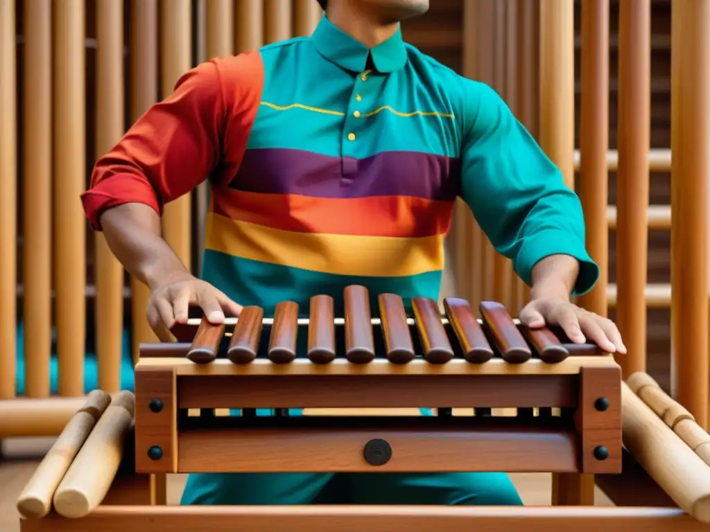 Un músico toca un xylophone histórico con movimientos de mazo precisos