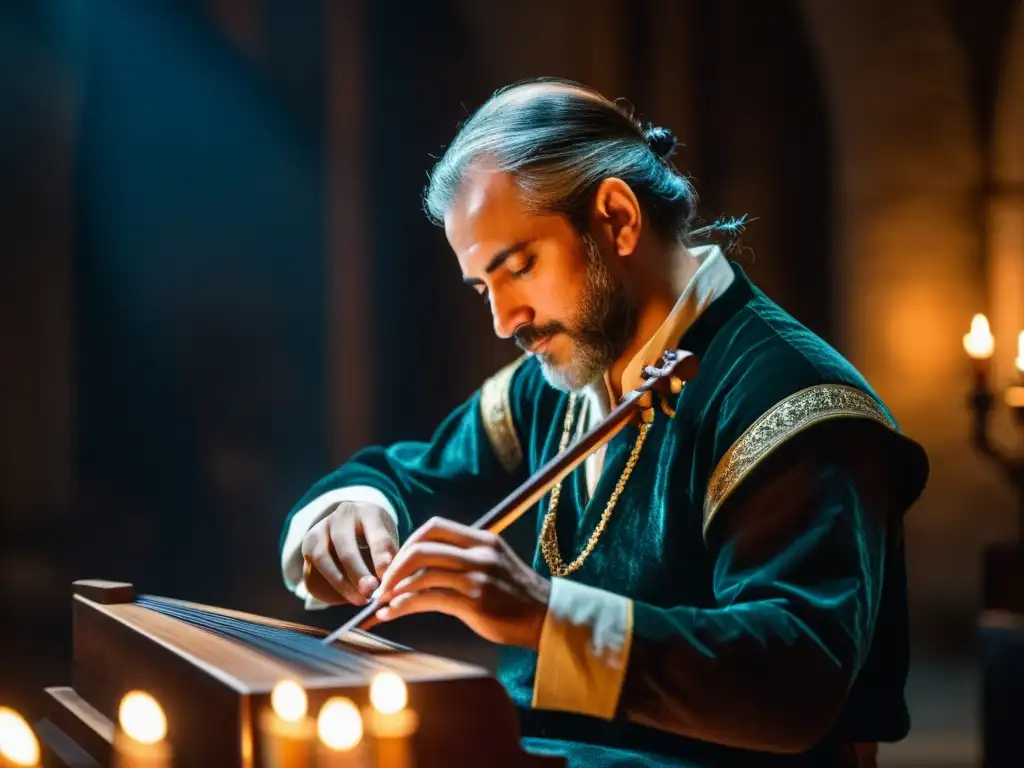 Un músico interpreta una zanfona en un entorno atmosférico medieval, destacando la artesanía detallada del instrumento