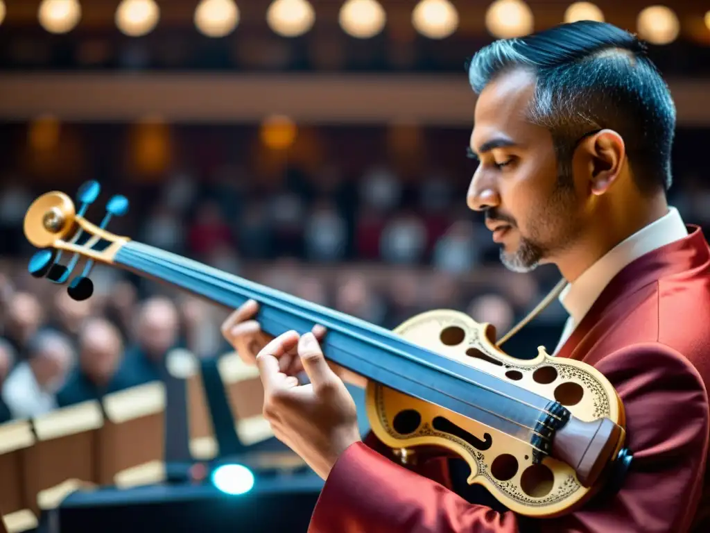 Un músico toca una zanfona moderna en un auditorio contemporáneo, fusionando tradición y tecnología en el siglo XXI