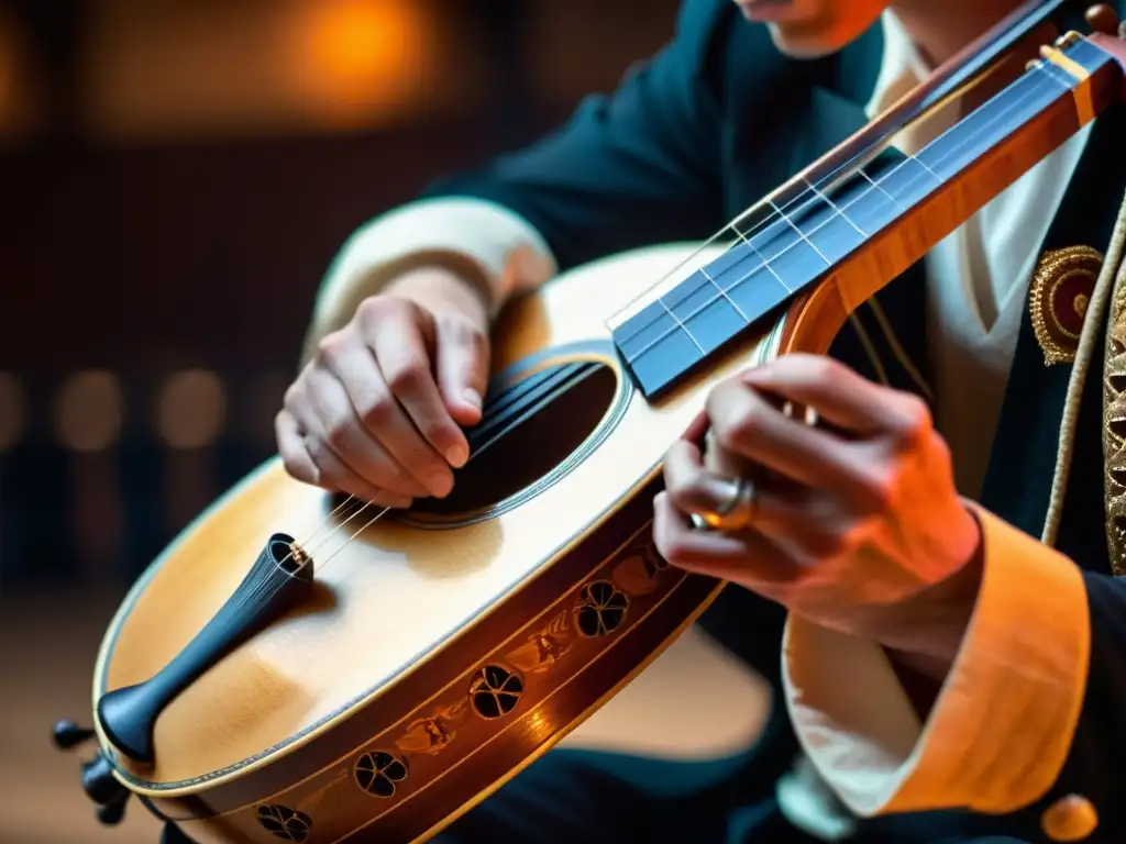 Un músico toca una zanfona siglo XXI en un moderno auditorio, con detalles de la madera y las cuerdas en primer plano