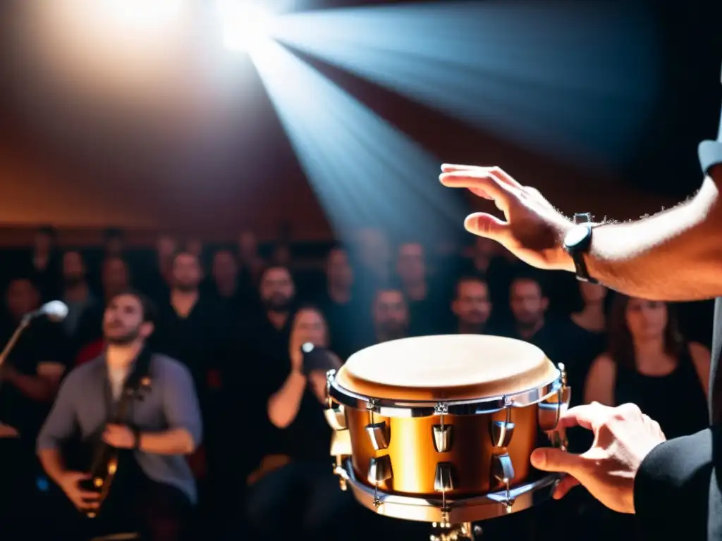 Un músico toca el Zendrum en el escenario, con una audiencia cautivada, exudando una energía eléctrica