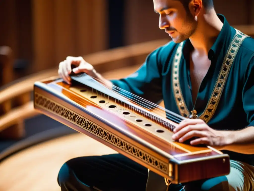 Un músico toca una zither alpina en un concierto, destacando la calidez del instrumento y la pasión del intérprete