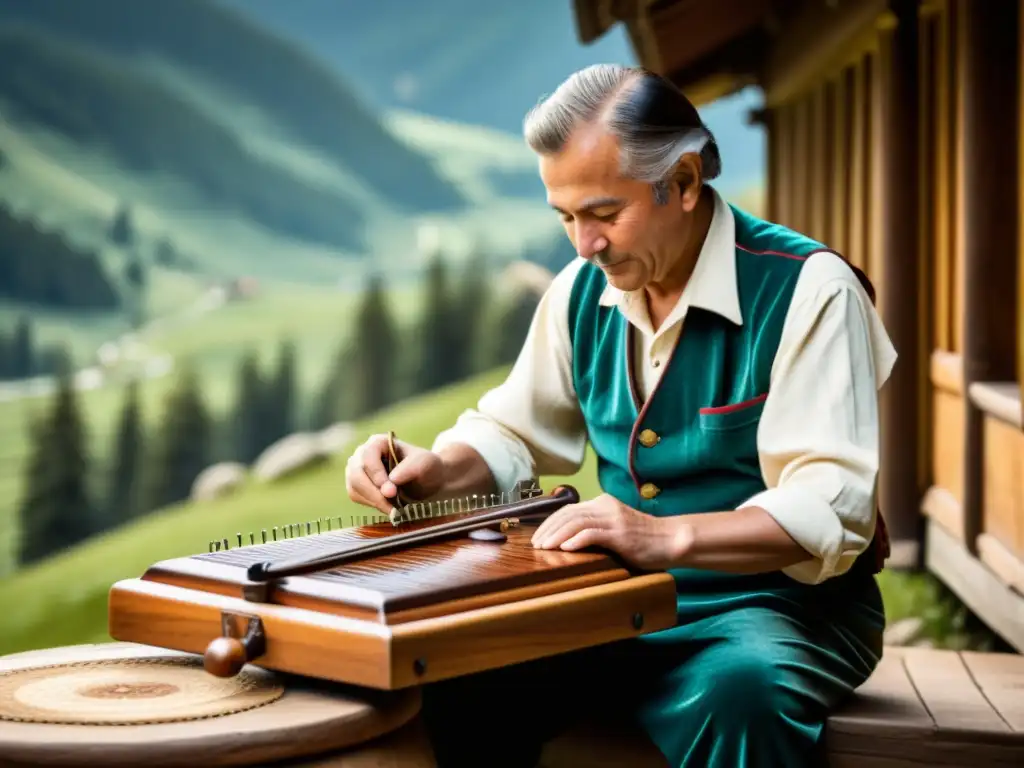 Un músico toca una zither alpina en un entorno montañoso, destacando la artesanía del instrumento y la destreza del intérprete