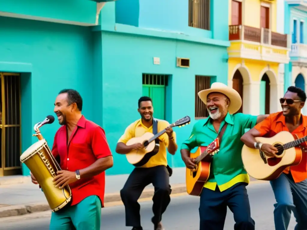 Músicos animados interpretan música caribeña en la bulliciosa calle de La Habana, reflejando la migración caribeña en la música pop