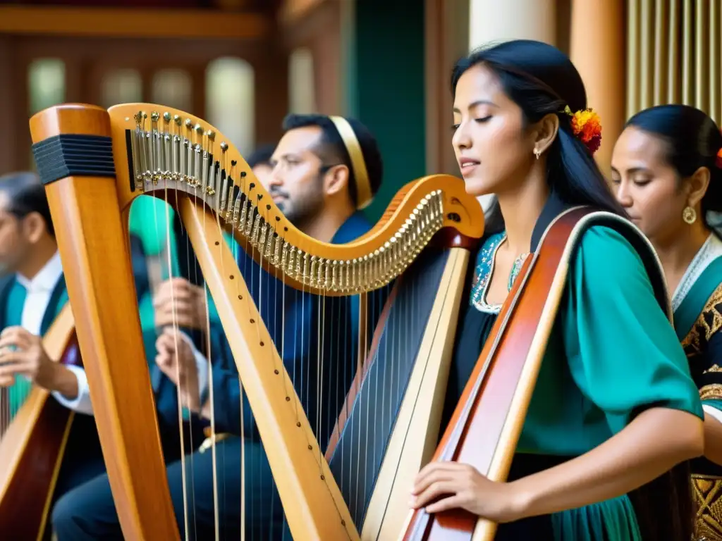 Músicos tocando arpas tradicionales en un festival, destacando la relevancia cultural de las arpas en diferentes sociedades