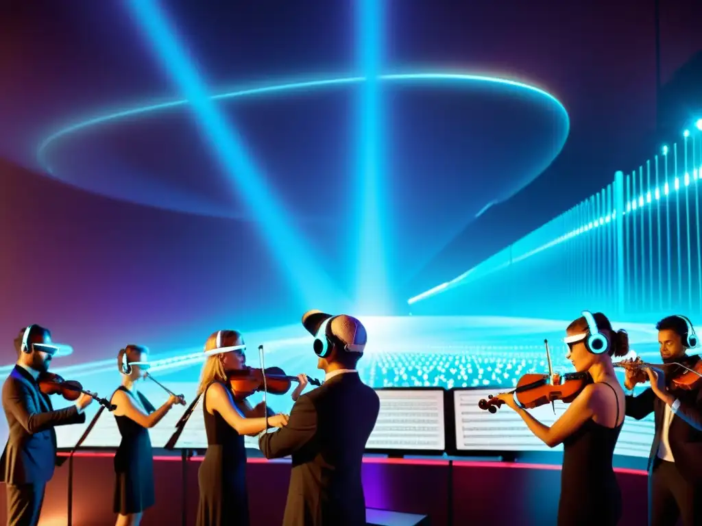 Músicos con auriculares de realidad aumentada tocan instrumentos en una orquesta virtual futurista, dirigida por un holograma