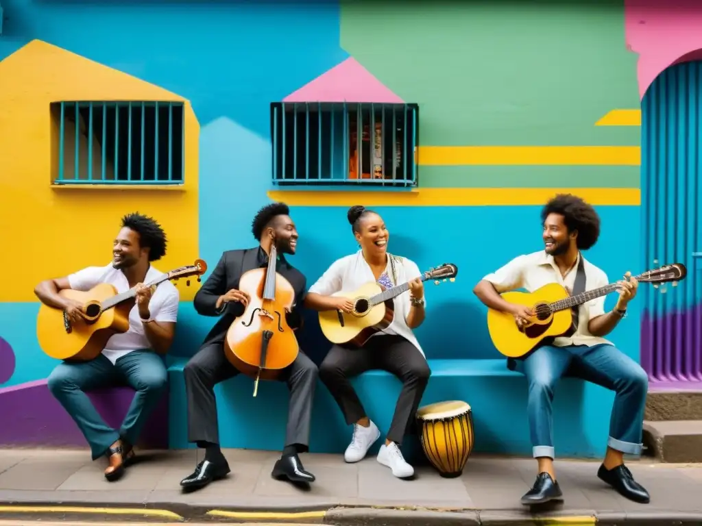 Músicos caribeños interpretando música tradicional en una ciudad bulliciosa, fusionando la migración caribeña en la música pop