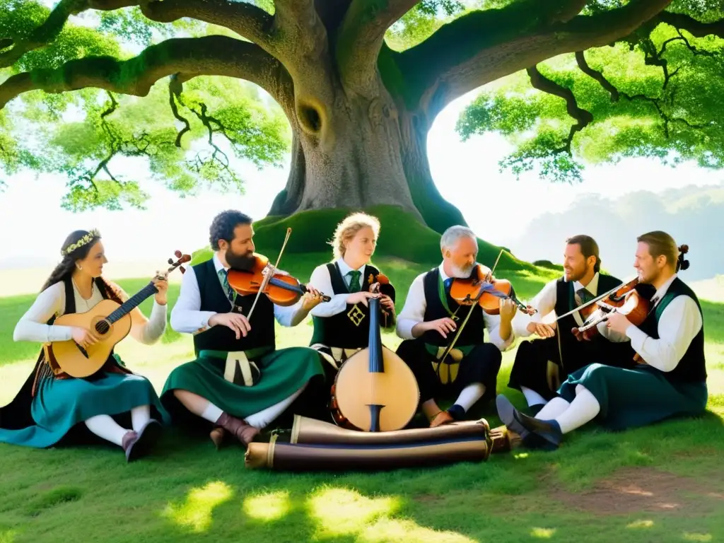 Músicos celtas tocando la gaita en rituales ancestrales bajo un roble centenario, en un ambiente místico y reverente