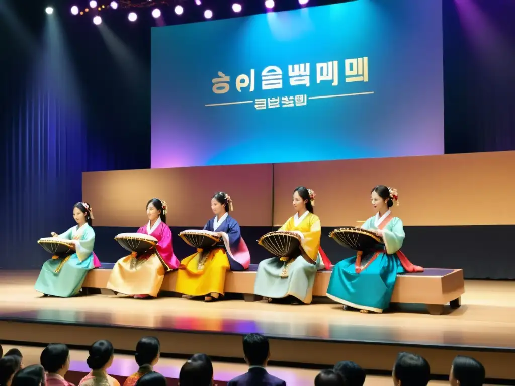 Músicos coreanos vistiendo hanboks y tocando instrumentos tradicionales en un escenario, rodeados de una audiencia cautivada