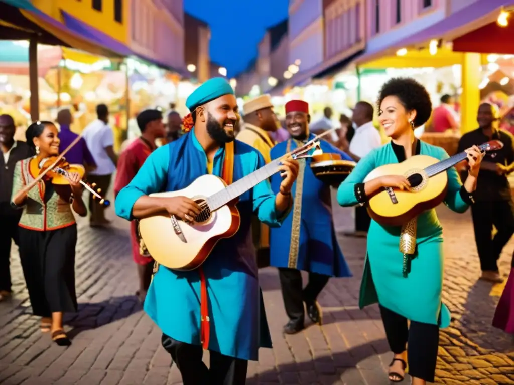 Músicos de diversas culturas tocan instrumentos tradicionales en un bullicioso mercado, reflejando la influencia diáspora dispersión instrumentos musicales