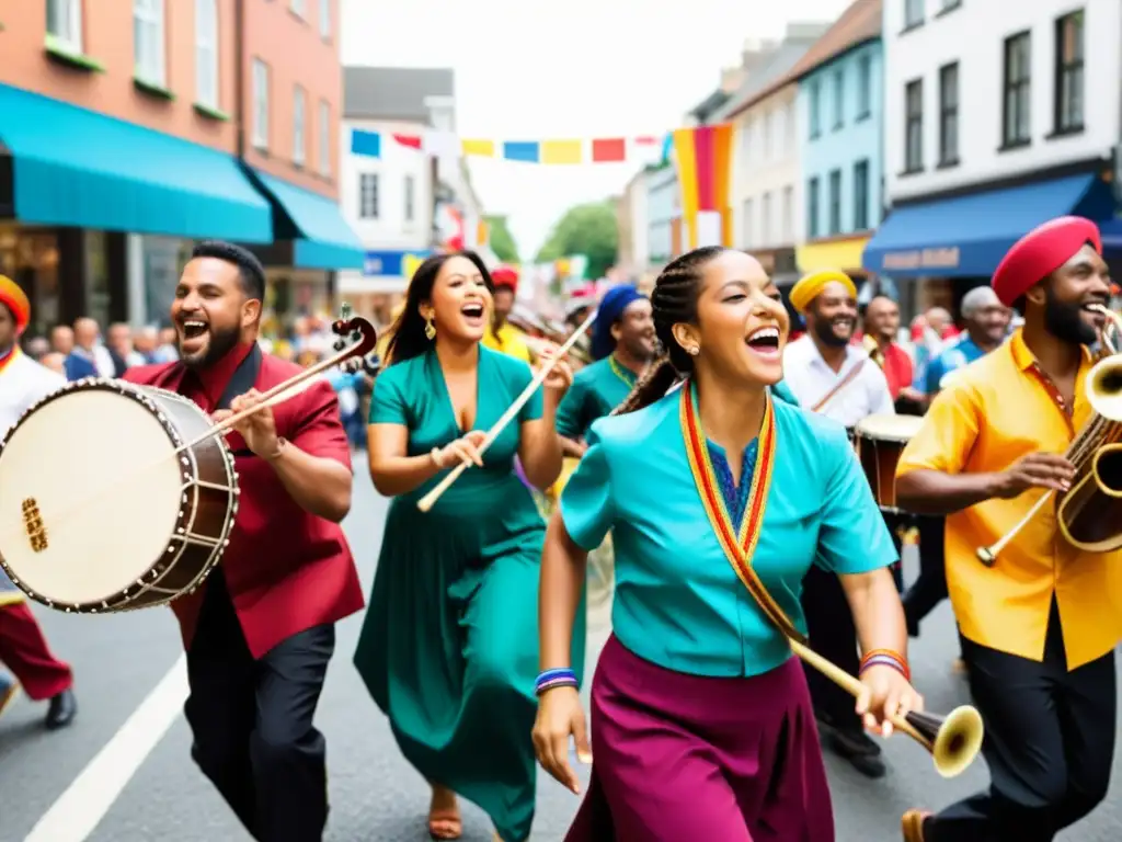 Músicos de diferentes culturas tocan instrumentos tradicionales en un animado desfile callejero multicultural, reflejando el impacto migratorio en la música